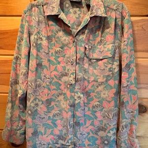 Diane Gilman Pink and Green Button Down Shirt Floral Design 100% silk